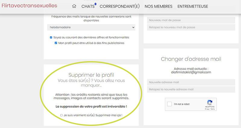 FlirtAvecTransexuelles permet de fermer gratuitement votre compte, supprimant votre profil, avec option de désinscription des emails.